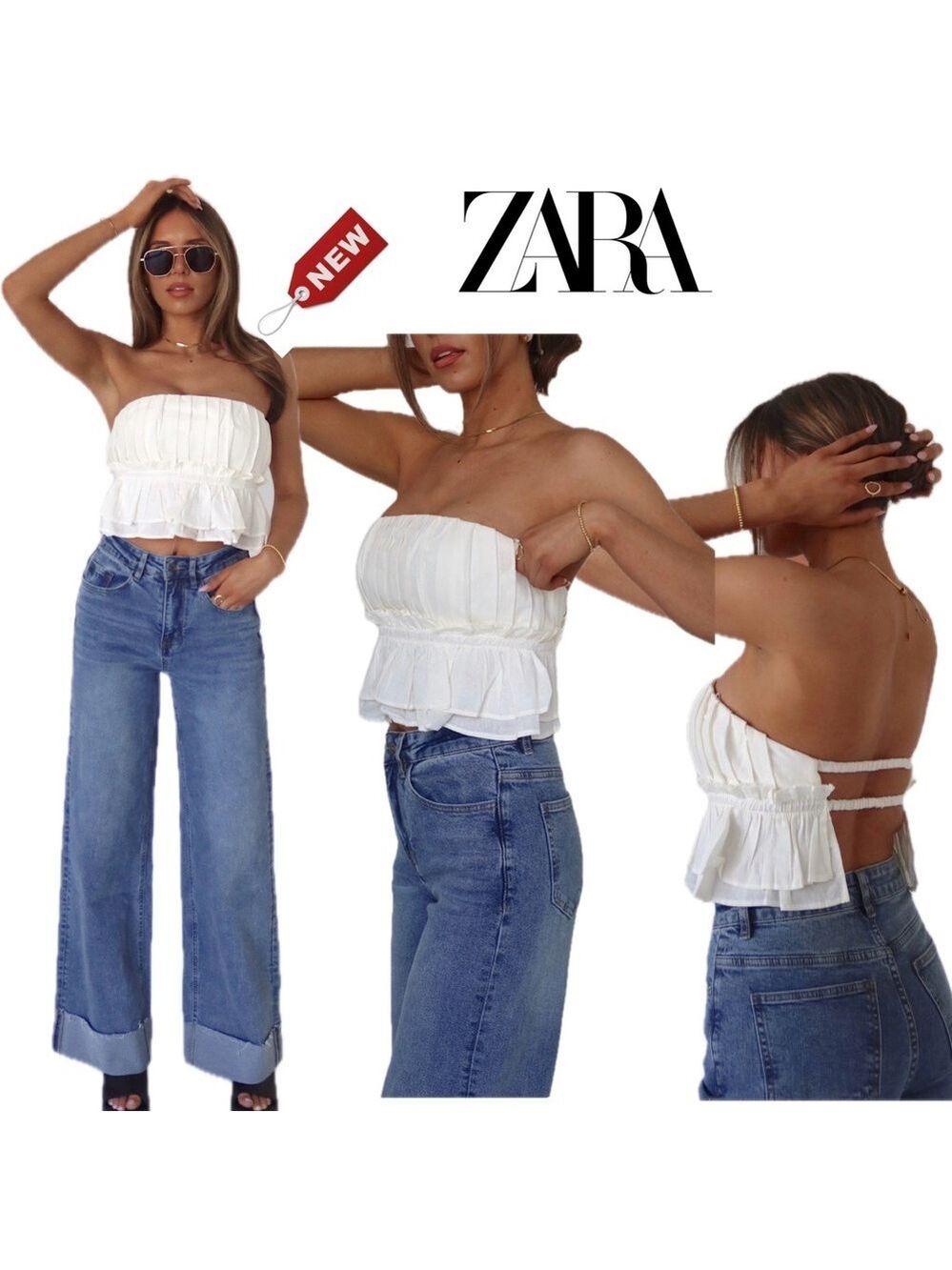 Zara white pleated ruched layered ruffle frill strapless open back top blouse M